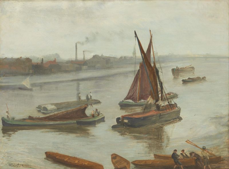 Grey and Silver - Old Battersea Reach, óleo sobre lienzo de James Abbott McNeill Whistler