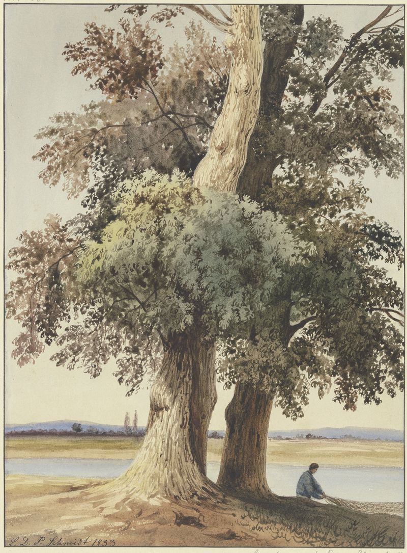 Two trees reflected in a river, oil painting by Ludwig Daniel Philipp Schmidt