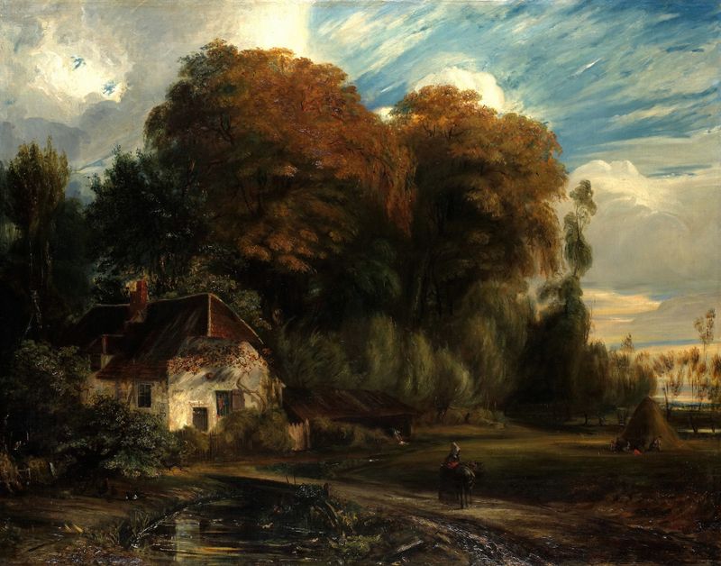 Caretaker’s Cottage in the Forest of Compiegne by Paul Huet, oil painting of a cottage in a lush forest.