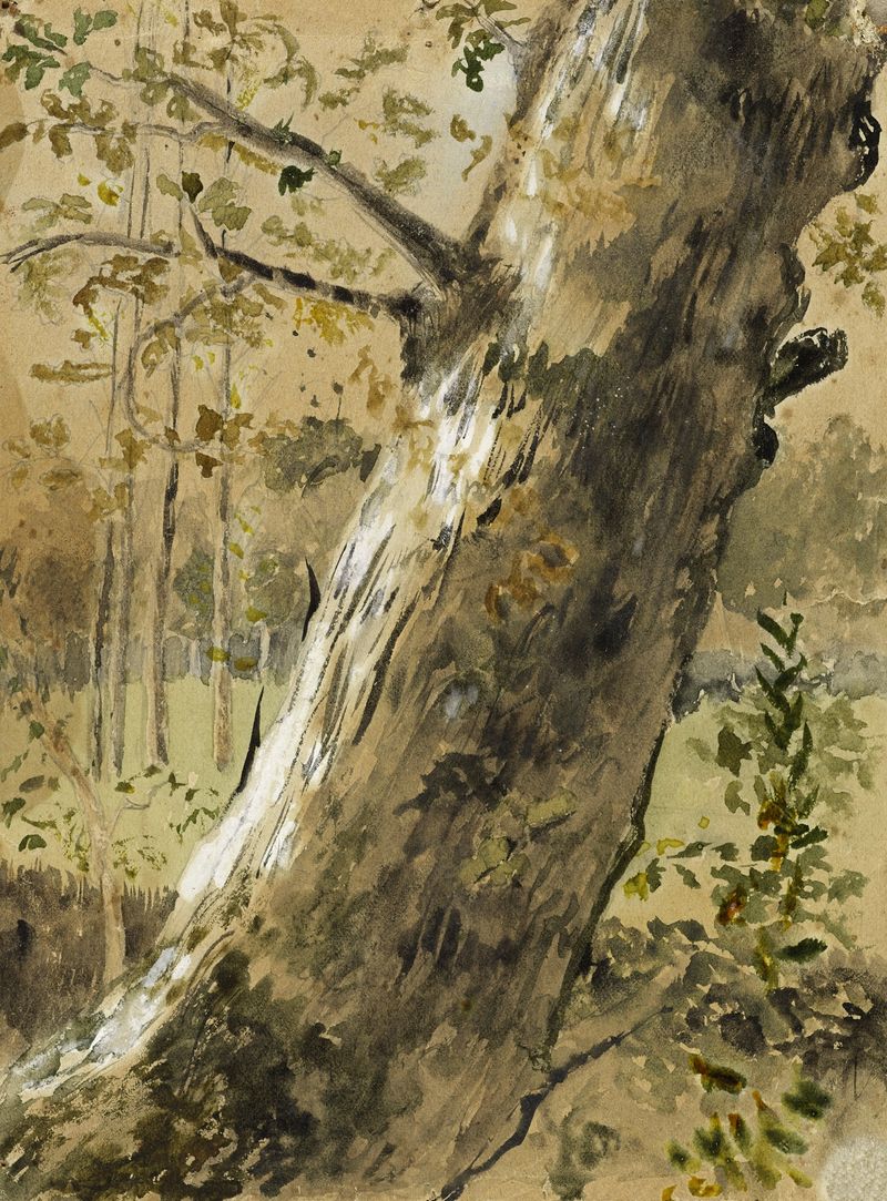 Oil painting by Arthur-Joseph Gueniot depicting a tree trunk and greenery in Vendée.
