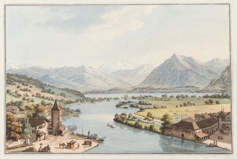 Vue prise du Chateau de Thoun, watercolor on paper by Johann Ludwig Aberli, depicting a castle in a landscape.