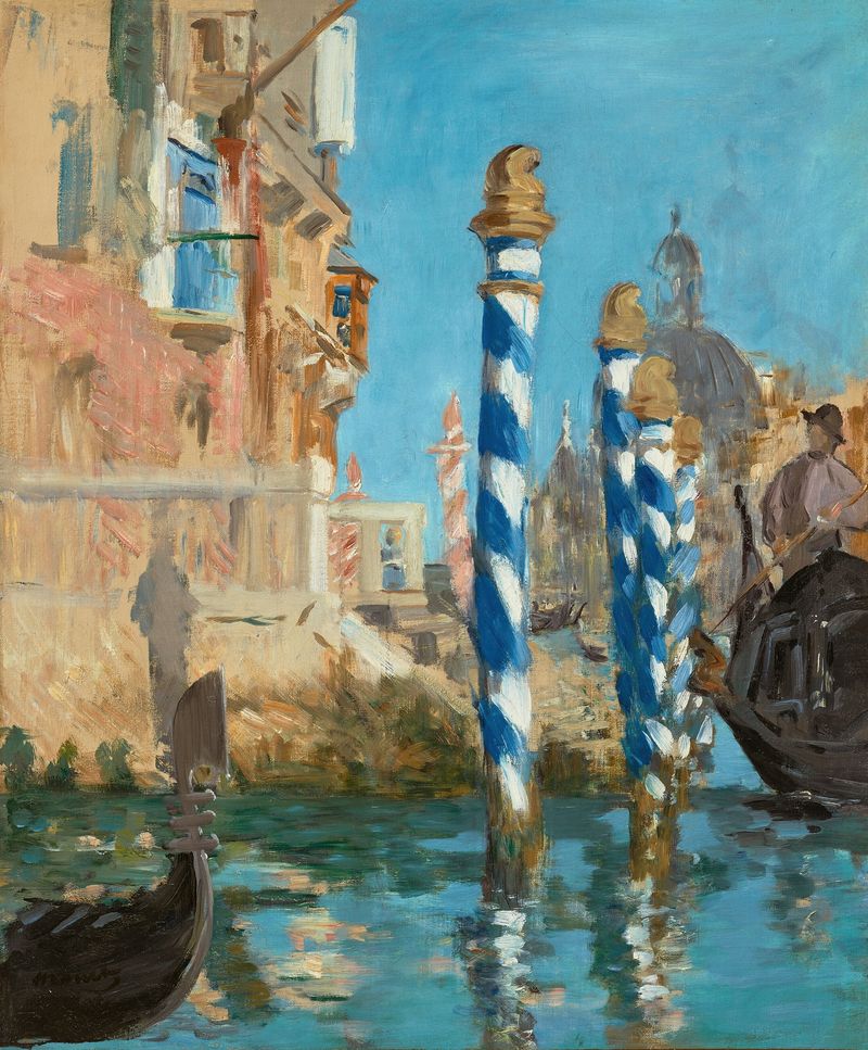 Le Grand Canal à Venise de Édouard Manet, óleo sobre lienzo, que representa un canal sereno con vibrantes reflejos.