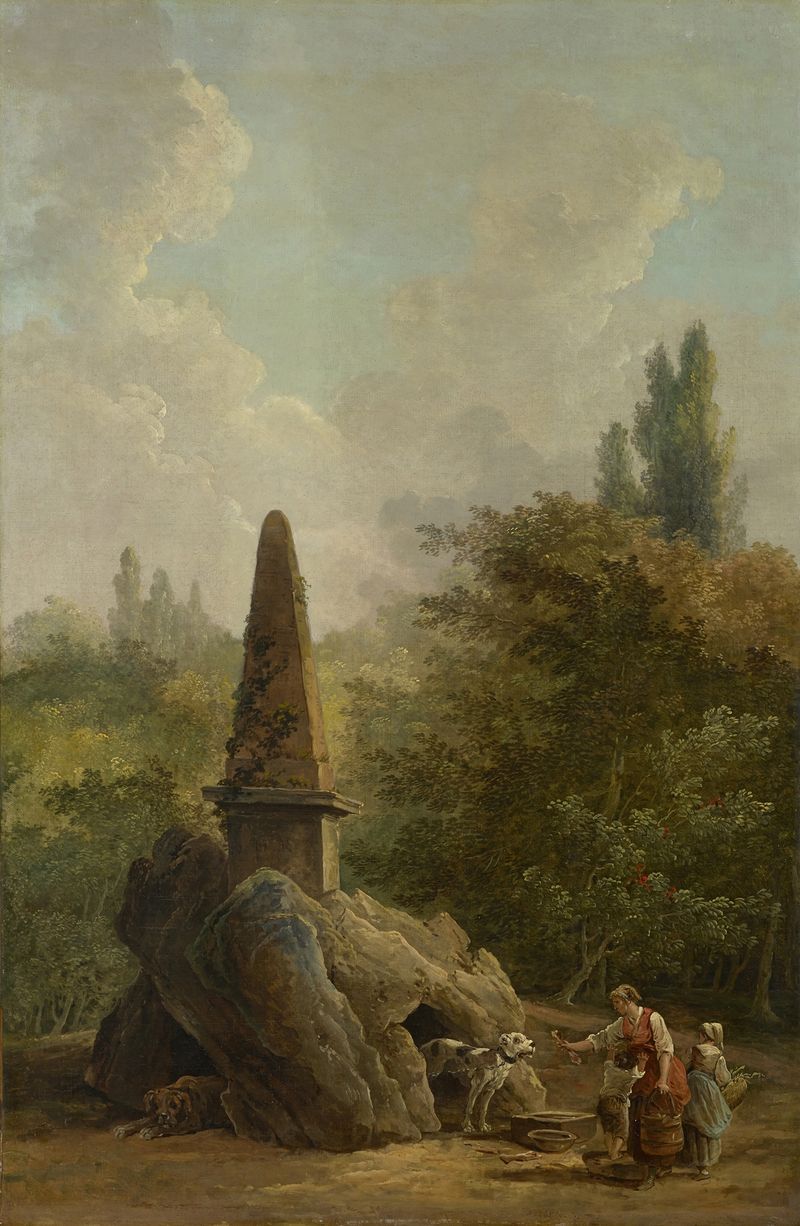 Garden Monument de Hubert Robert, óleo sobre lienzo, que muestra un jardín tranquilo con figuras y ruinas.