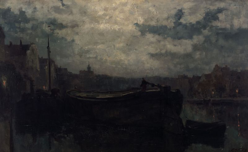 Dutch Canal at Night A, oil on canvas by Guillaume Vogels, depicting a moonlit canal with reflections.