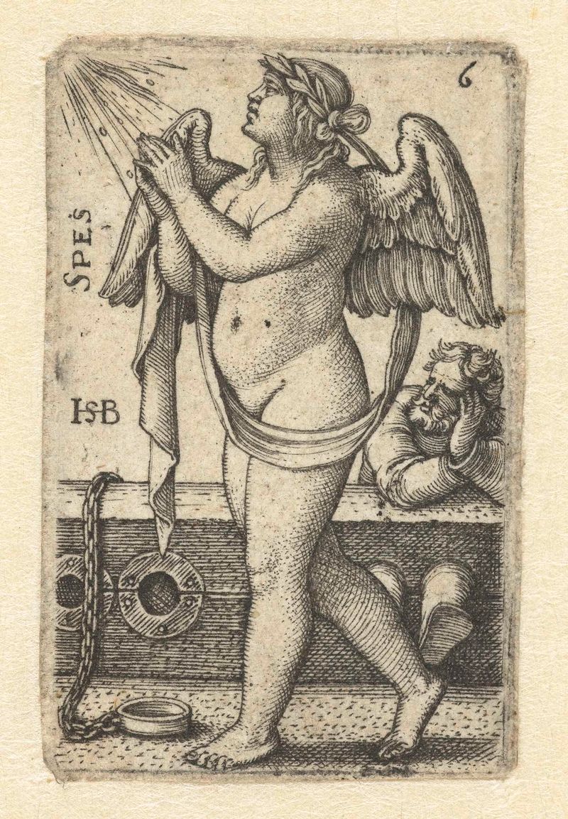 Gravura de Hans Sebald Beham mostrando uma jovem mulher em movimento gracioso com um aro
