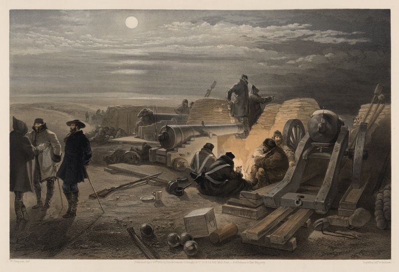 Watercolor by William Simpson depicting soldiers in an encampment at night.