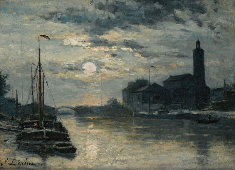Cena de canal iluminada pela lua com L’église Saint-Christophe de Stanislas Lépine, pintura a óleo