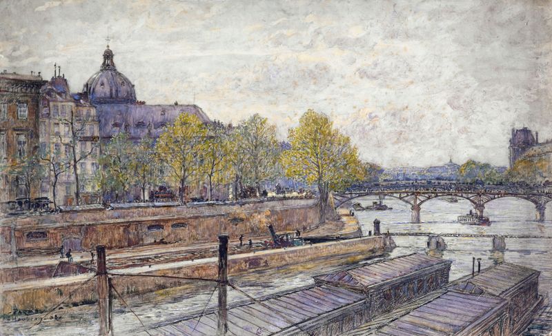 Paisagem de Le quai Conti et le pont des Arts de Frédéric Houbron, pintura a óleo