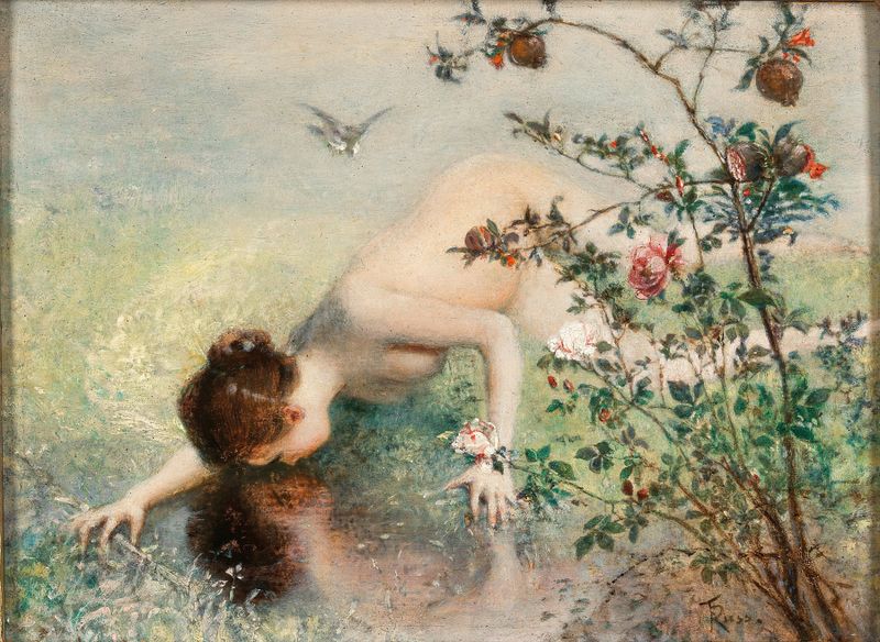 Obra figurativa de Franz Russ mostrando uma mulher olhando para a água, meio desconhecido.