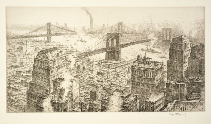 Two Bridges de Kerr Eby, gravura que mostra duas pontes contra um céu sereno.