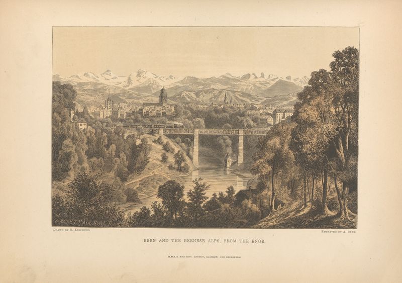 Bern y los Alpes berneses, óleo de Theodor Gsell Fels, que muestra montañas y un cielo pastel
