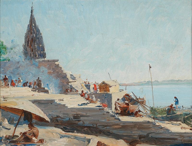 Paisagem do rio Ganges por Jean Celestin Tancrede Bastet, pintura a óleo