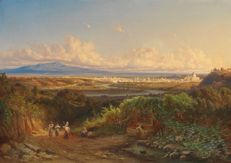 Paisaje que representa el río Tíber bajo luz dorada de Karl Haase, 1862
