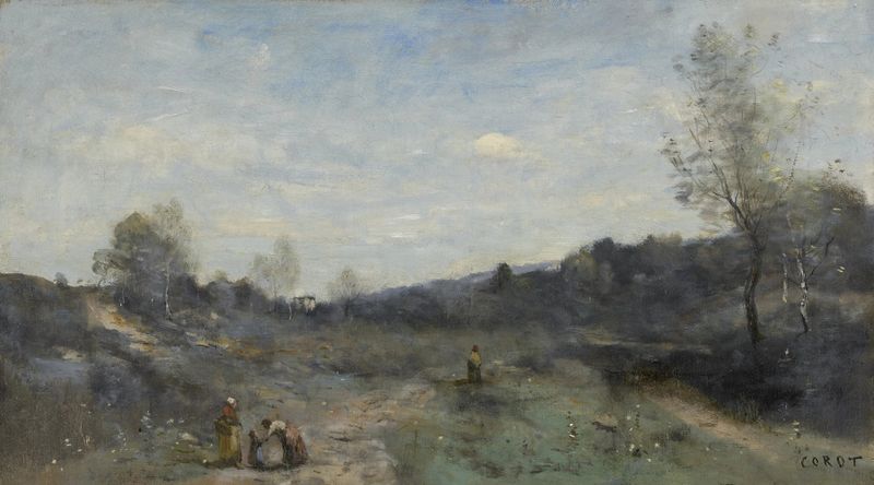 Vallons défrichés, óleo de Jean-Baptiste-Camille Corot que muestra colinas serenas.