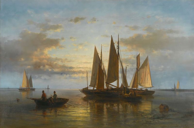 Marine scene depicting calm waters and a serene sky, oil painting by Abraham Hulk