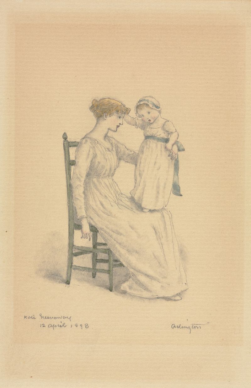 Mãe e Filho de Kate Greenaway, estilo vitoriano, retratando uma mãe abraçando seu filho.