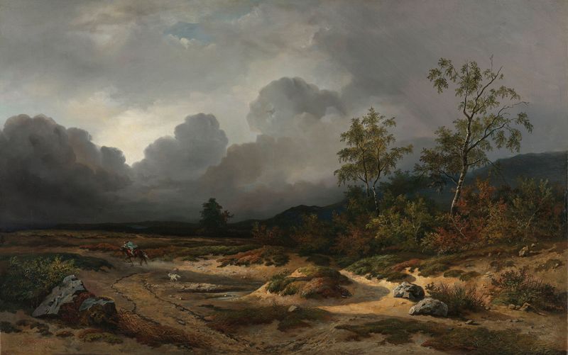 Landscape with a Thunderstorm Brewing, oil on canvas by Willem Roelofs, featuring dark clouds over rolling hills.