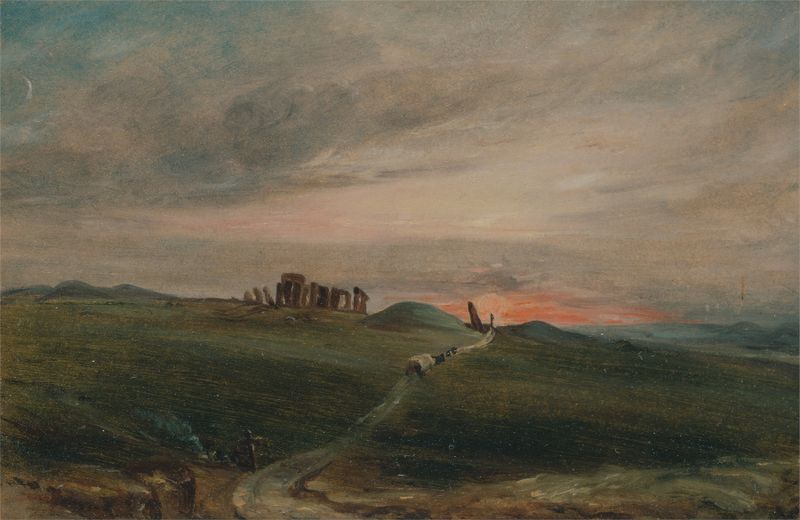 Stonehenge at Sunset de John Constable, pintura a óleo que mostra pedras antigas sob um céu ao pôr do sol.