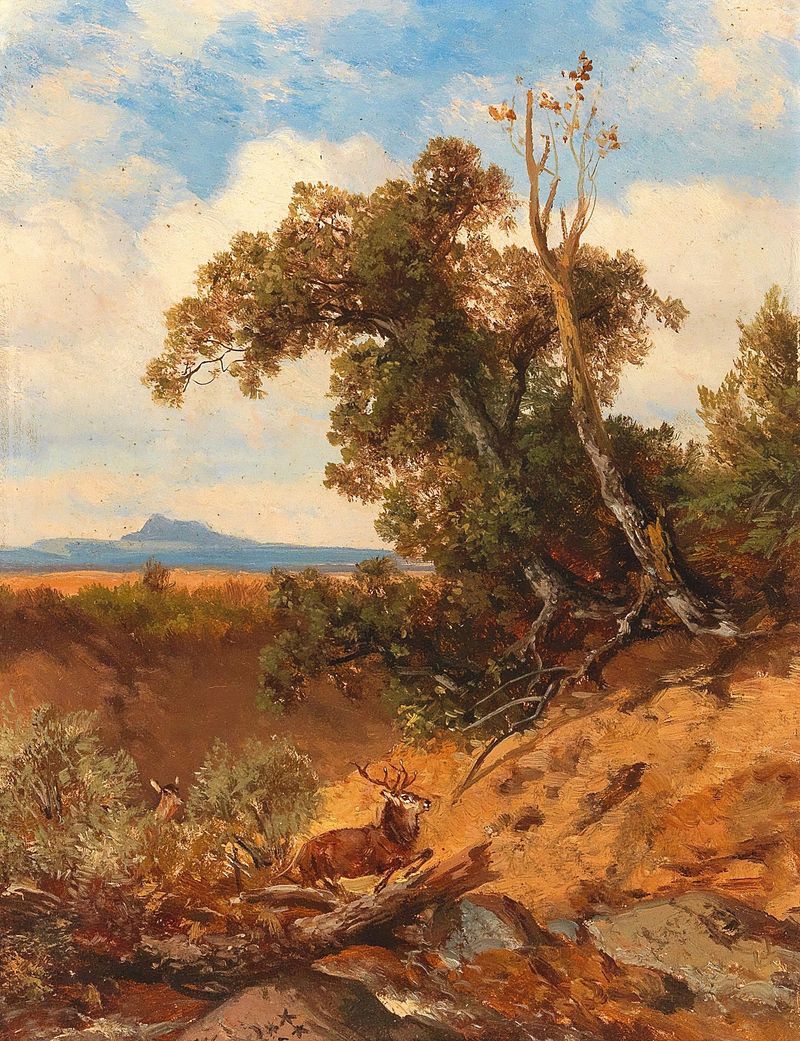 Fleeing stag in the foothills of the Alps, oil painting by Albert Zimmermann