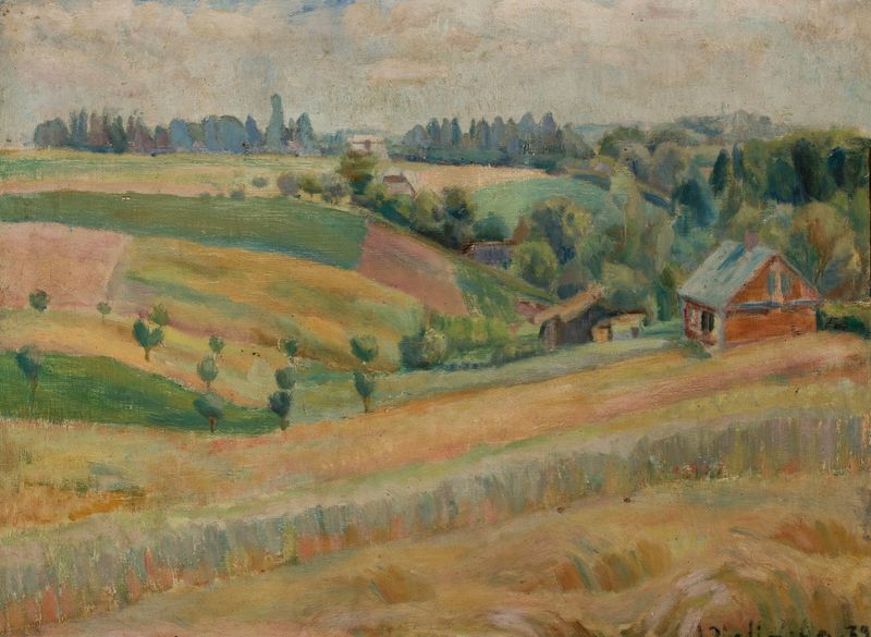Paisaje expresionista de Janina Zielińska, que muestra una tierra en decadencia encontrándose con un cielo melancólico.