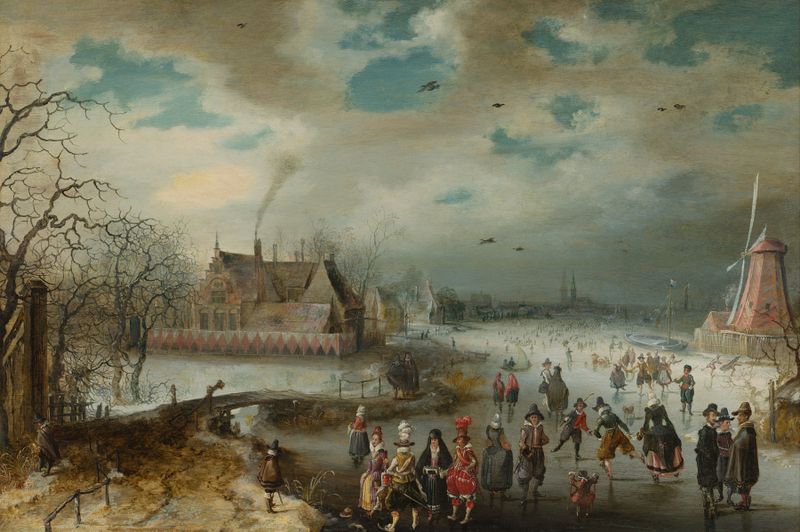 Skating on the Frozen Amstel River, pintura al óleo de Adam van Breen mostrando patinadores deslizándose sobre el hielo.