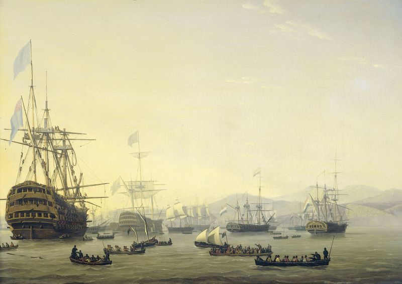 Historical scene with naval officers discussing on the ship, oil painting by Nicolaas Baur