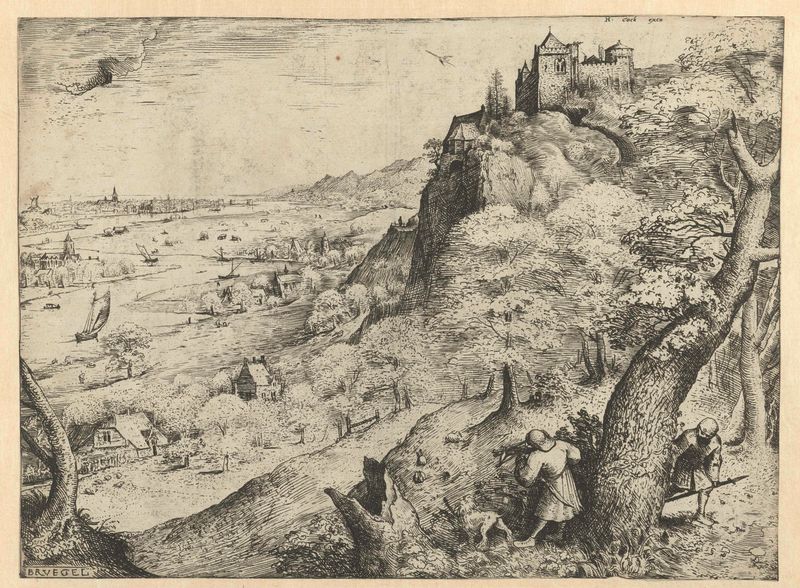 Landschap met konijnenjacht de Pieter Bruegel I, gravura que retrata caçadores em uma paisagem vibrante.