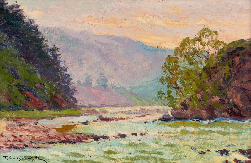 Mountainous landscape with a river, oil on canvas by Tadeusz Cieślewski