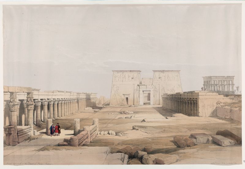 Pintura a óleo de David Roberts mostrando o Templo de Philæ iluminado por luz dourada