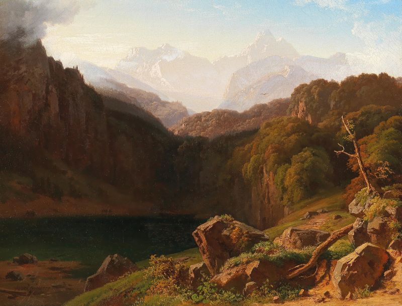 A View of Grossglockner from Kals, oil on canvas by Albert Zimmermann, depicting mountains and mist.