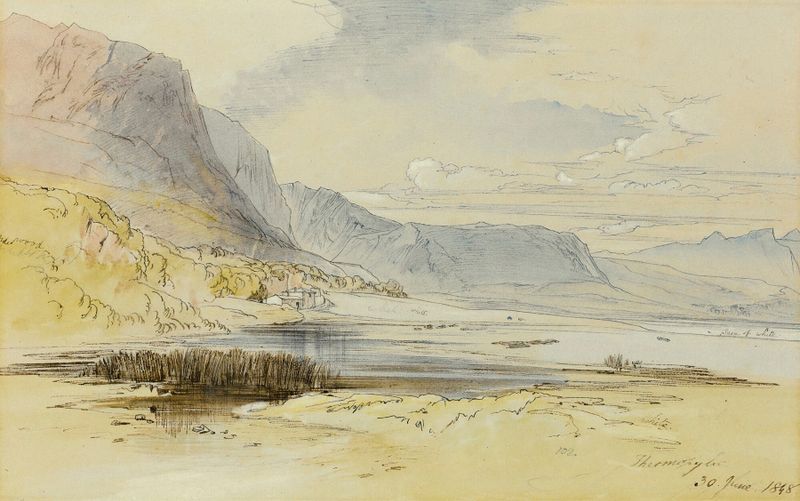 Thermopylae, Grécia de Edward Lear, aquarela sobre papel que retrata montanhas e luz dourada.