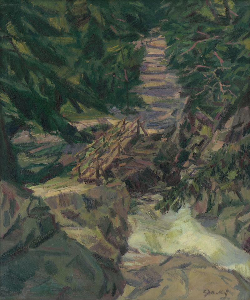 Mountain-Stream in the Tatras de Gustáv Mallý, retratando um riacho em uma paisagem verde vibrante.
