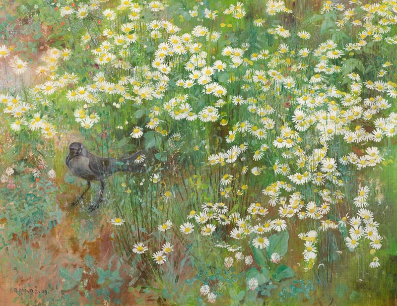 Pintura al óleo de Jean Bloé Niestlé que muestra un campo de margaritas.