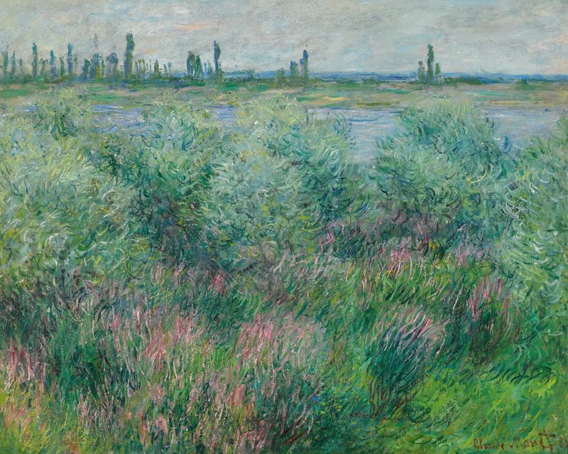 Berges De La Seine Près De Vétheuil de Claude Monet, pintura al óleo que representa un paisaje sereno de río.