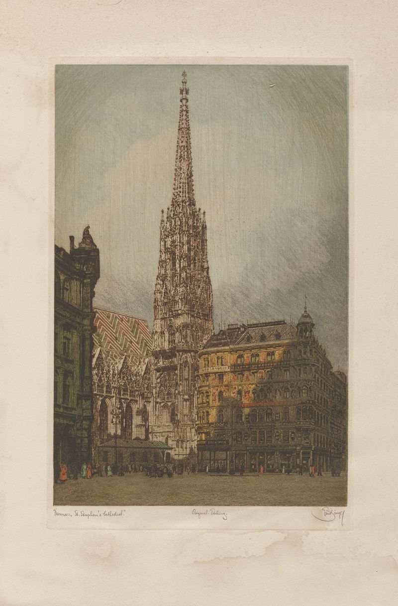 Viena; Catedral de Santo Estêvão por Emil Singer, óleo sobre tela, apresentando uma paisagem urbana com uma proeminente to...