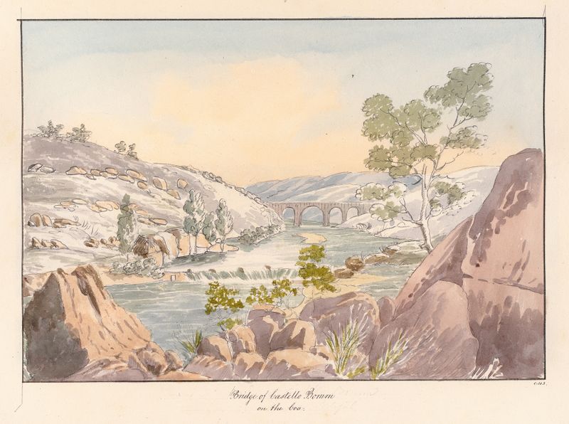 Acuarela de Charles Hamilton Smith que muestra un puente al atardecer sobre un río