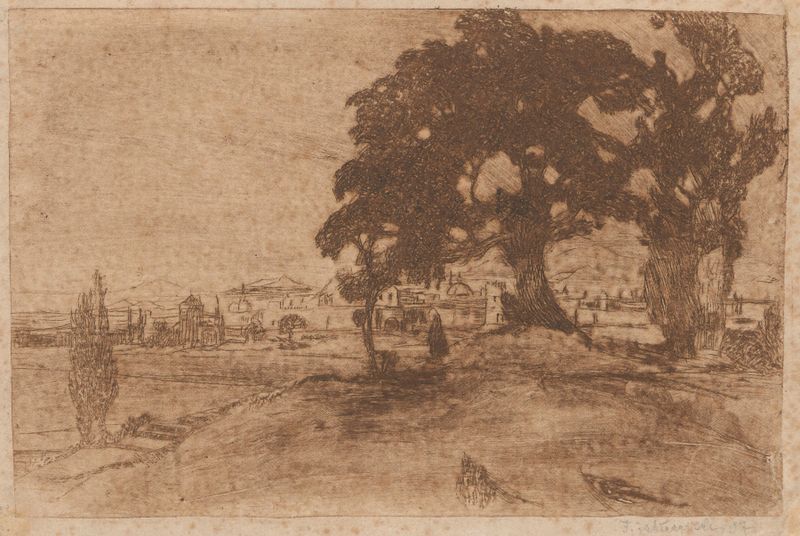Paisaje de Toscana, pintura al óleo de Feliks Jabłczyński que muestra colinas onduladas y un atardecer.