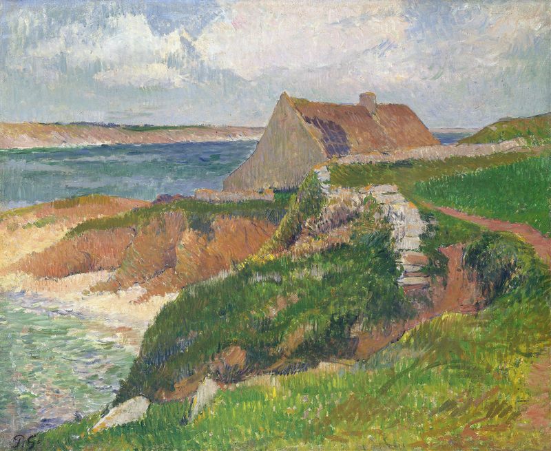 Coastal landscape oil painting by Henry Moret featuring serene waters and sky.