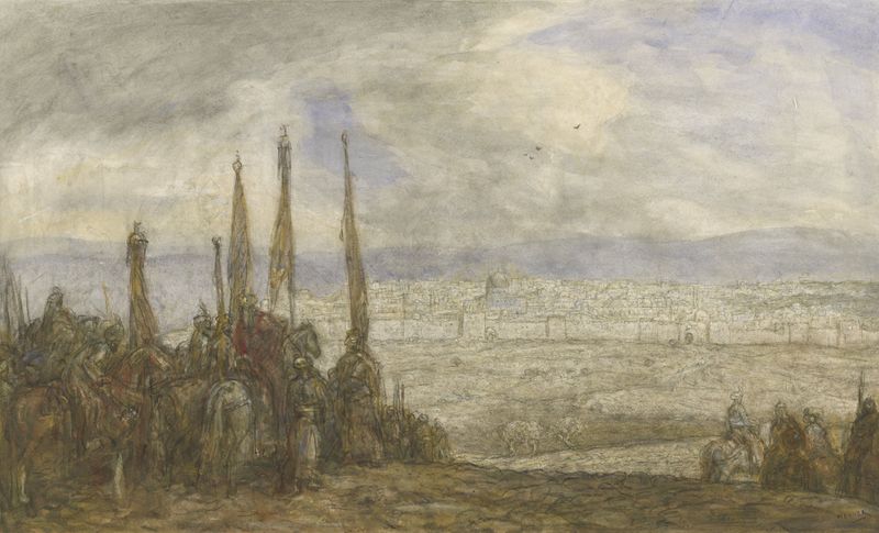Historical scene with figures in warm tones, oil on canvas by Marius Bauer