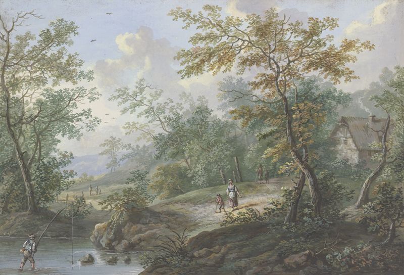 Paisagem com uma cabana cercada por árvores, pintura a óleo de Johann Peter Neef