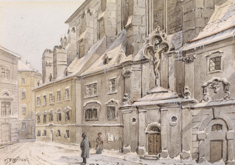 Winterspaziergang by Karl Wenzel Zajicek, oil on canvas depicting a figure walking on a snowy path.