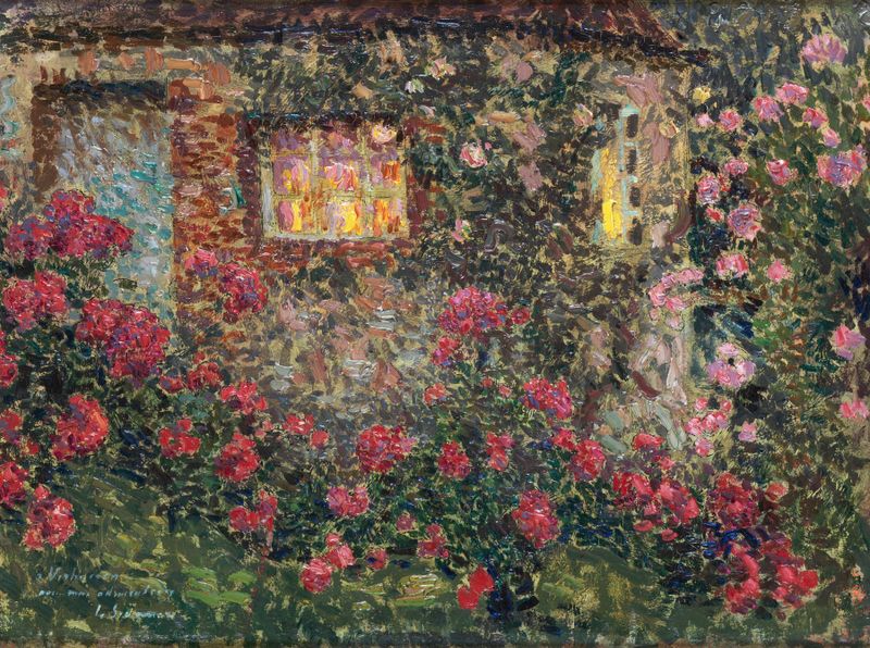 Cena interior com rosas e casa de Henri Le Sidaner, Impressionismo
