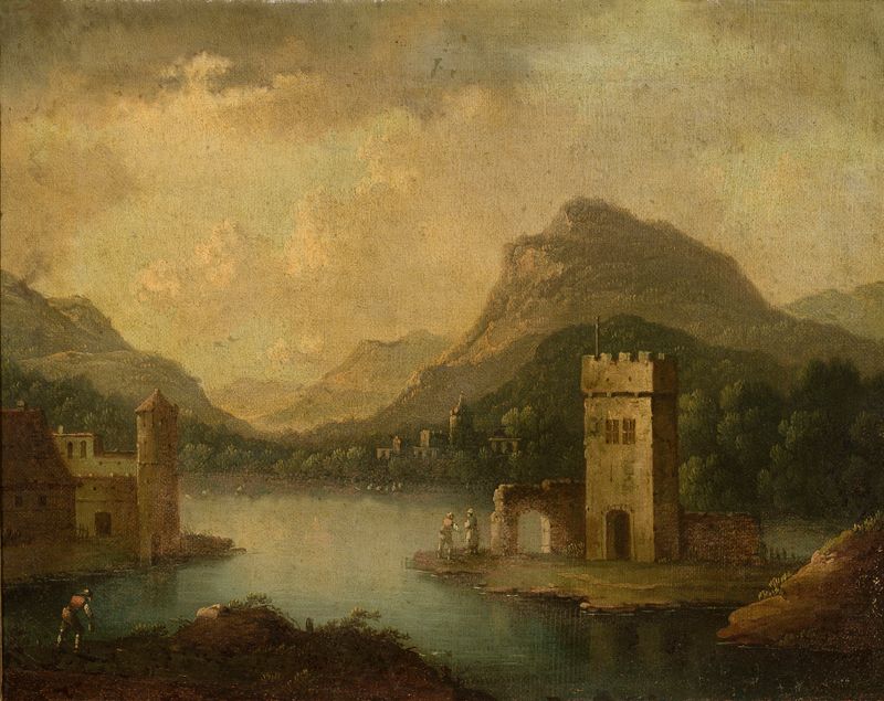 Romantic landscape with architecture, oil on canvas by Johann Christoph von Bemmel