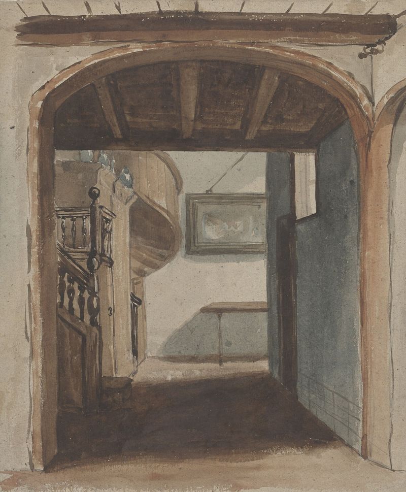 Cena interior com luz e escada, pintura a óleo de Jan Fabius Czn