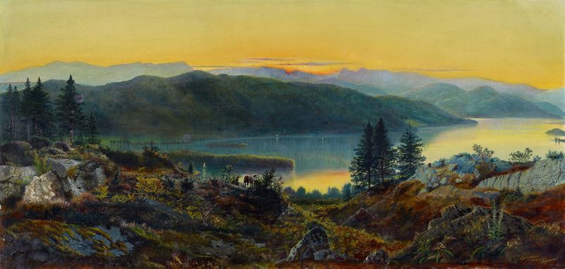 Windermere de John Atkinson Grimshaw, óleo sobre lienzo que representa un paisaje crepuscular con árboles en silueta.
