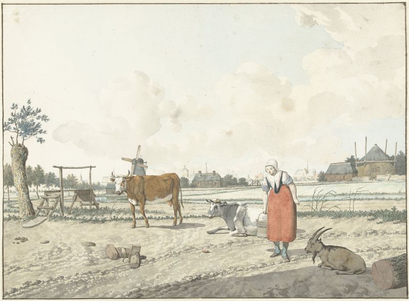 Landschap met boerin en vee de W. Barthautz, retratando uma agricultora com gado em uma paisagem pastoral, pintura a óleo.