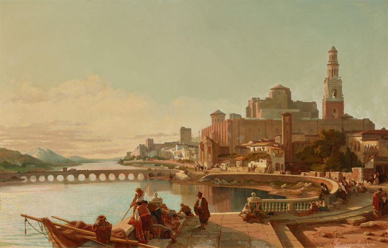 Fischer und weitere Figuren am Ufer des Guadalquivir, oil on canvas by François Antoine Bossuet