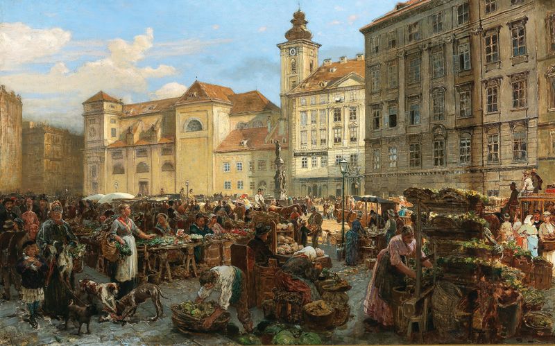 Genre scene of a market on Freyung, oil on canvas by Alois Schönn
