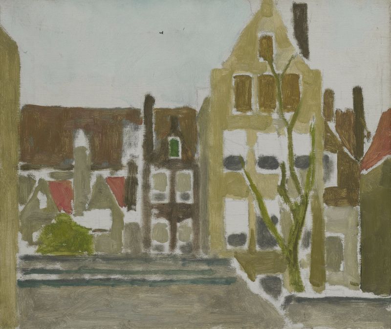 A Group of Houses de George Hendrik Breitner, pintura al óleo que muestra techos urbanos al anochecer.