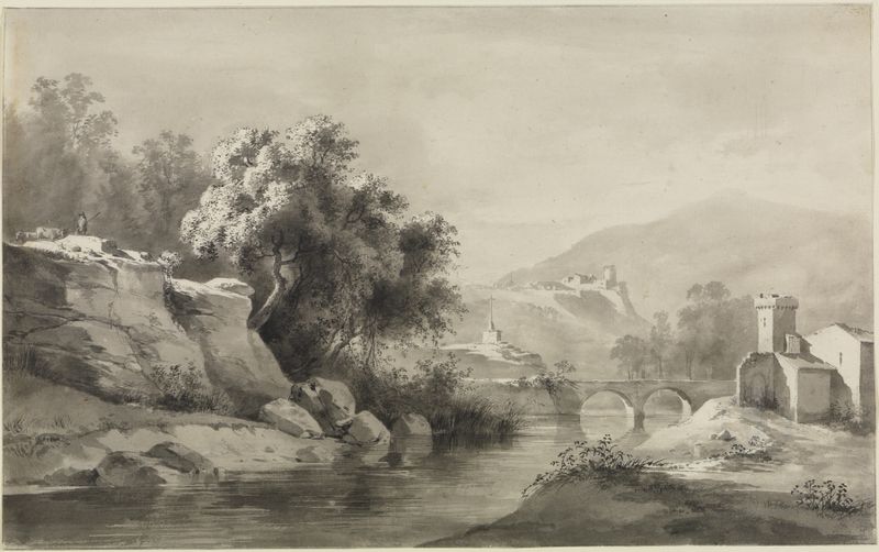 Flusslandschaft mit Doppelbogenbrücke und Kreuz by Jean-Jacques de Boissieu, landscape with a river and bridge